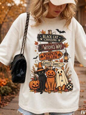 Halloween Cat Shirt Spooky Season Tee, Black Cat Pumpkin Ghost Shirt